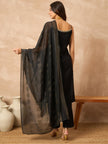 Black Cotton Blend Solid A-Line Kurta Trouser With Dupatta