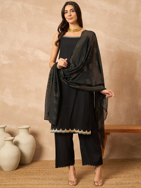 Black Cotton Blend Solid A-Line Kurta Trouser With Dupatta