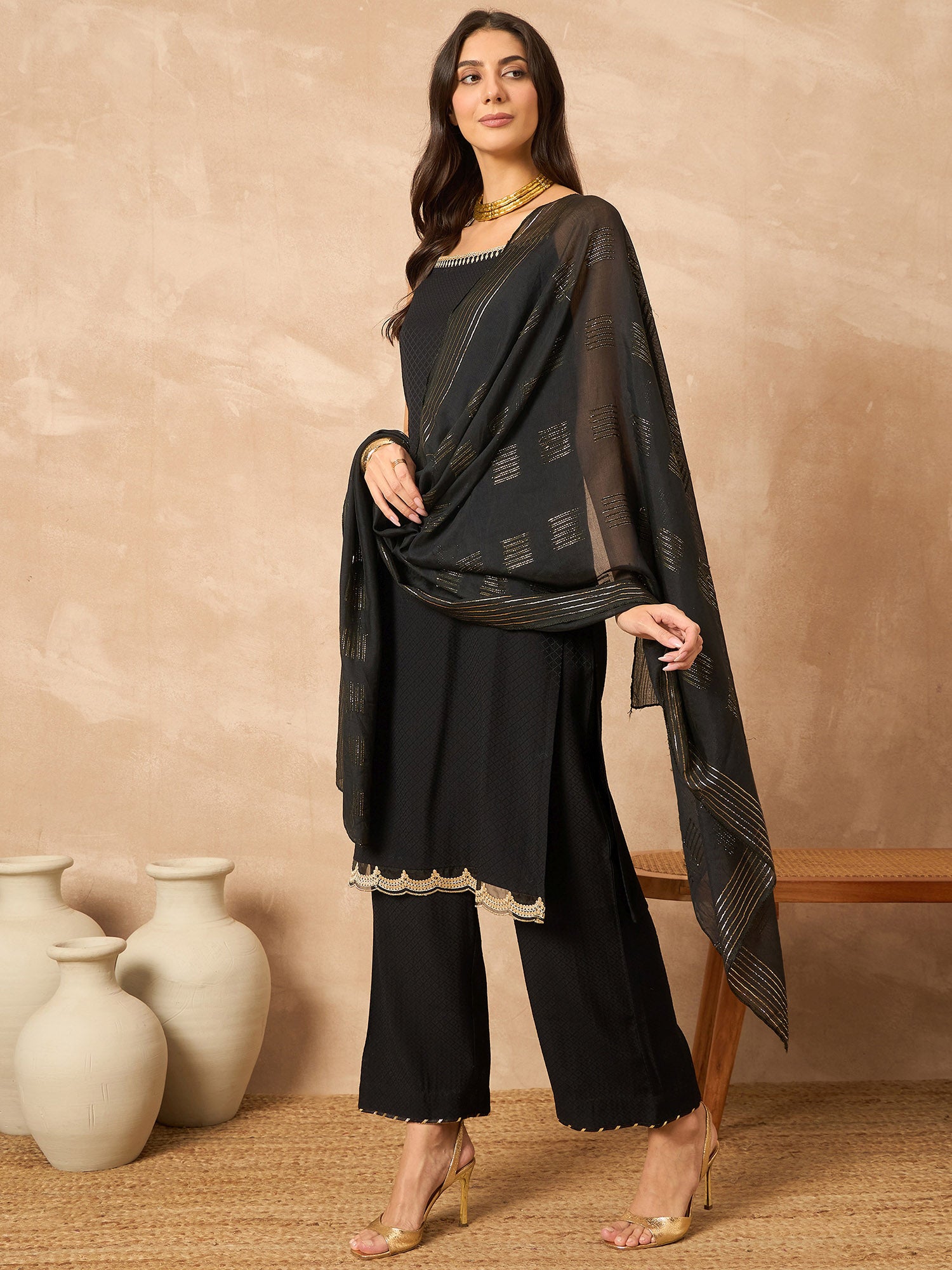 Black Cotton Blend Solid A-Line Kurta Trouser With Dupatta