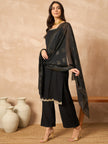 Black Cotton Blend Solid A-Line Kurta Trouser With Dupatta