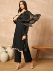 Black Cotton Blend Solid A-Line Kurta Trouser With Dupatta