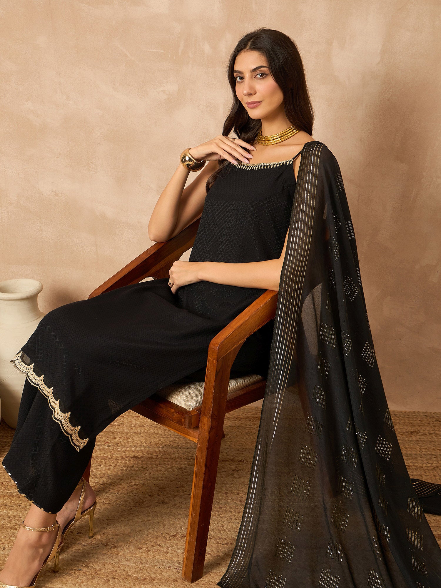 Black Cotton Blend Solid A-Line Kurta Trouser With Dupatta
