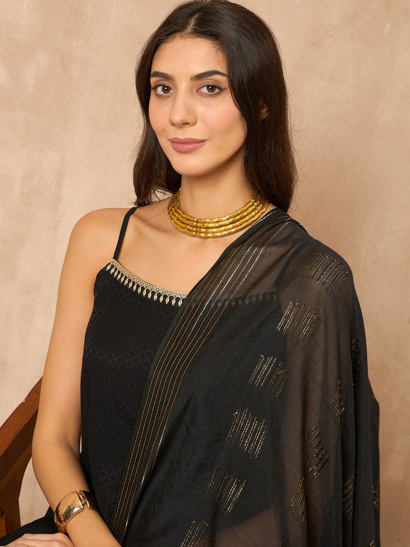 Black Cotton Blend Solid A-Line Kurta Trouser With Dupatta