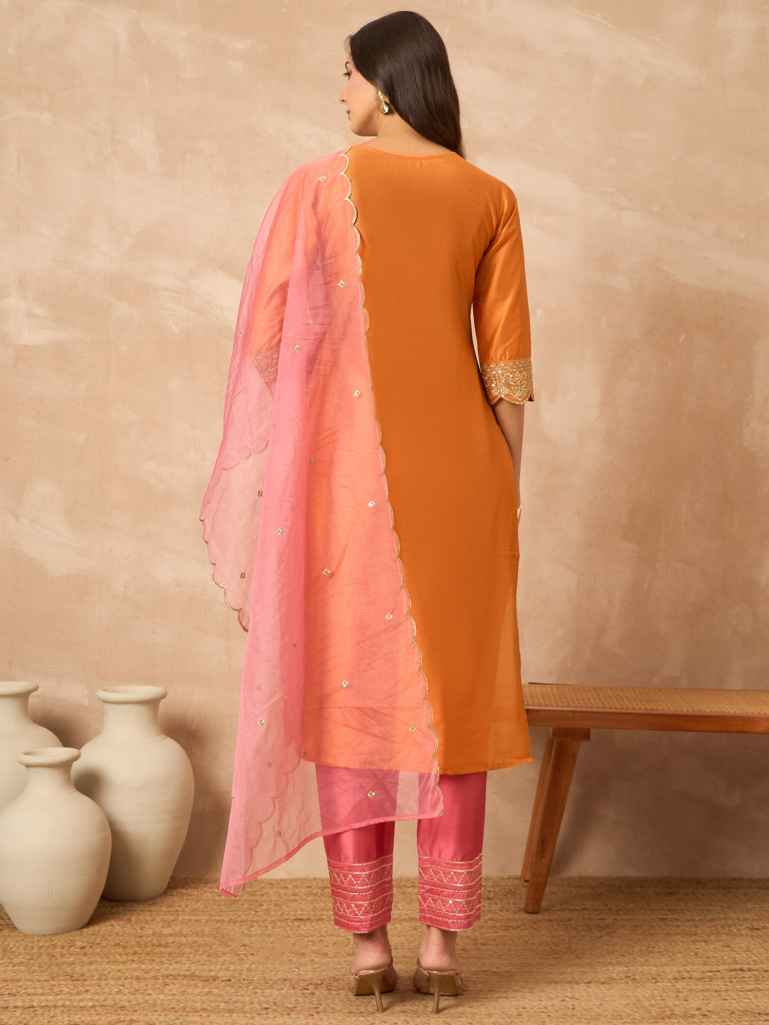 Orange  Silk Blend Solid A-Line Kurta Trouser With Embroidered Dupatta