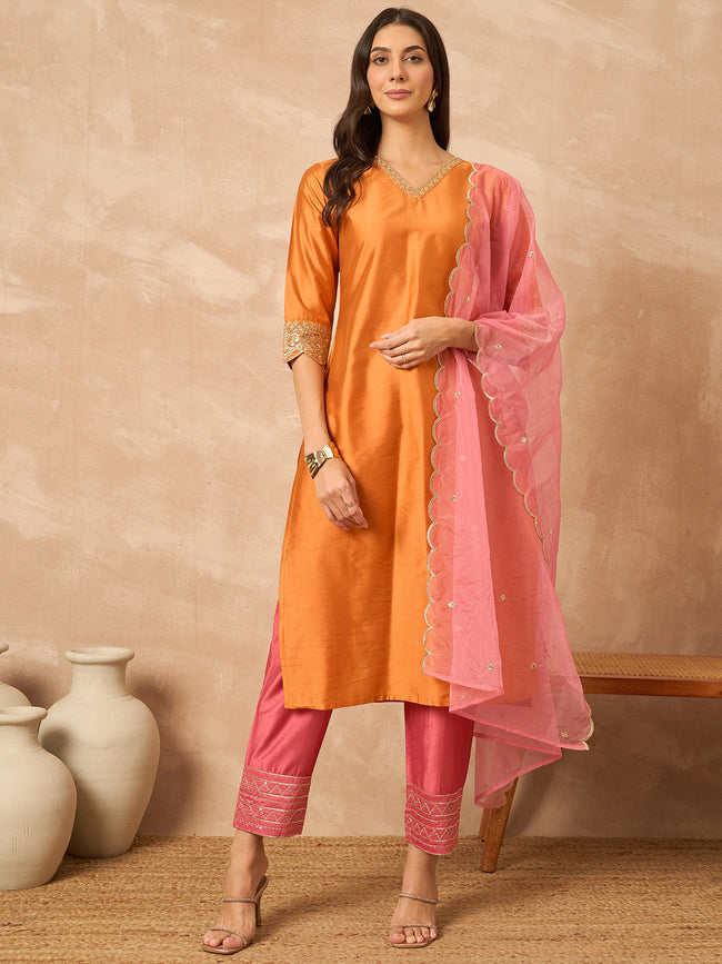 Orange  Silk Blend Solid A-Line Kurta Trouser With Embroidered Dupatta