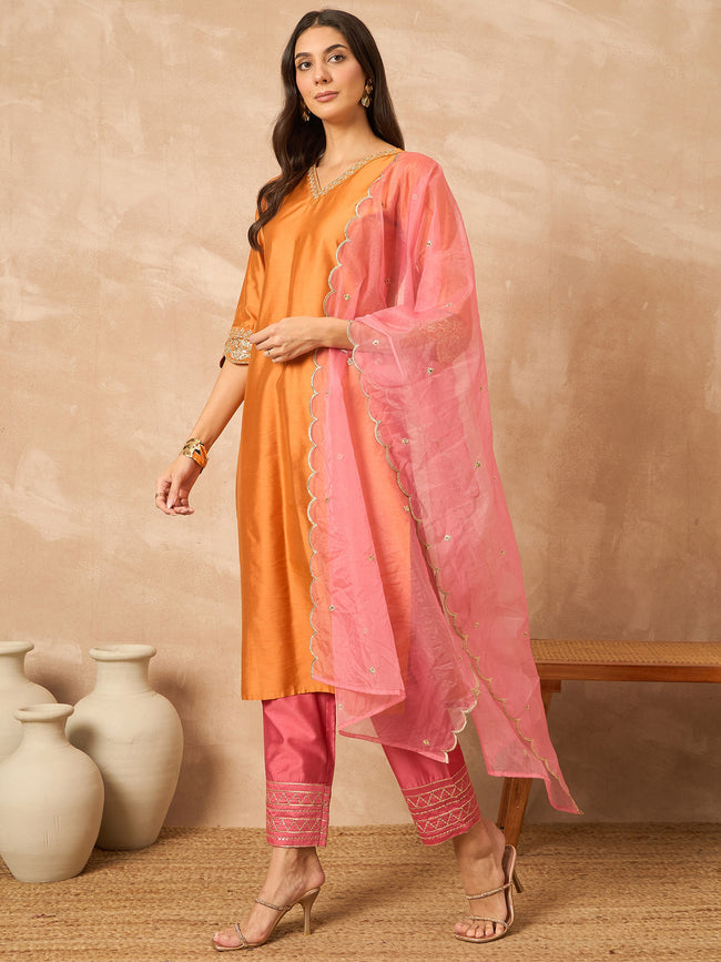 Orange  Silk Blend Solid A-Line Kurta Trouser With Embroidered Dupatta