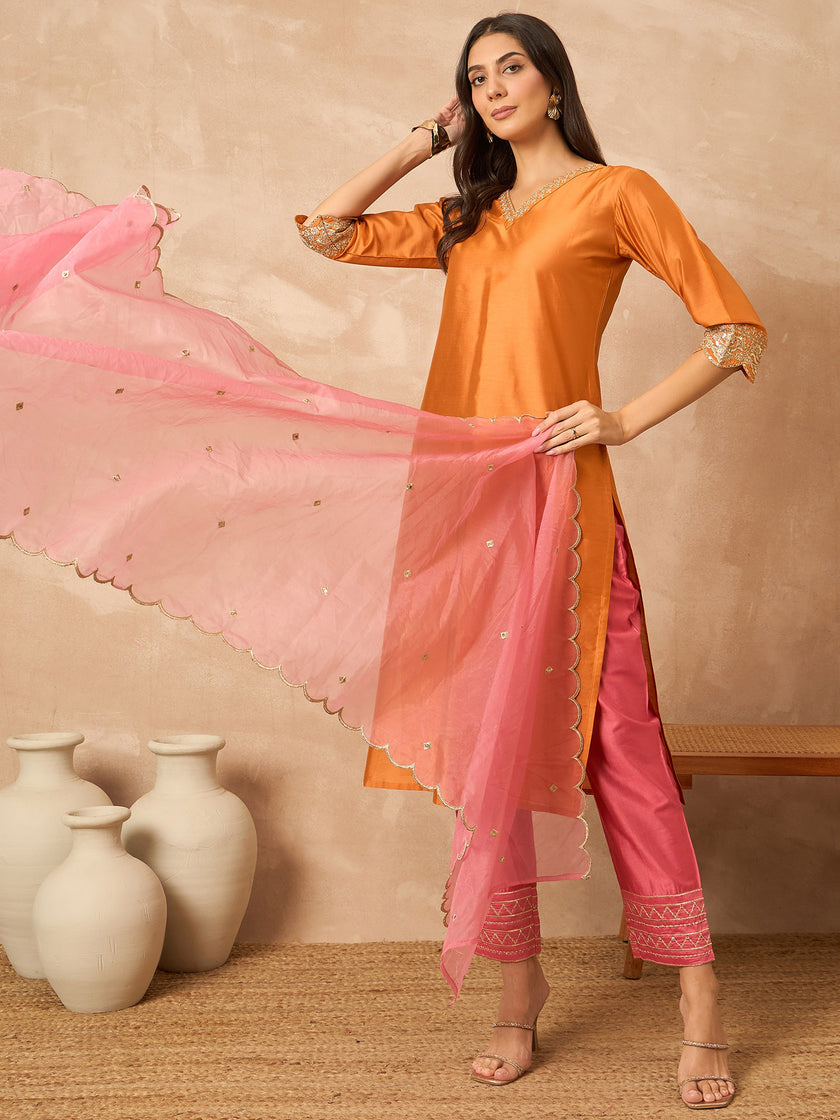 Orange  Silk Blend Solid A-Line Kurta Trouser With Embroidered Dupatta