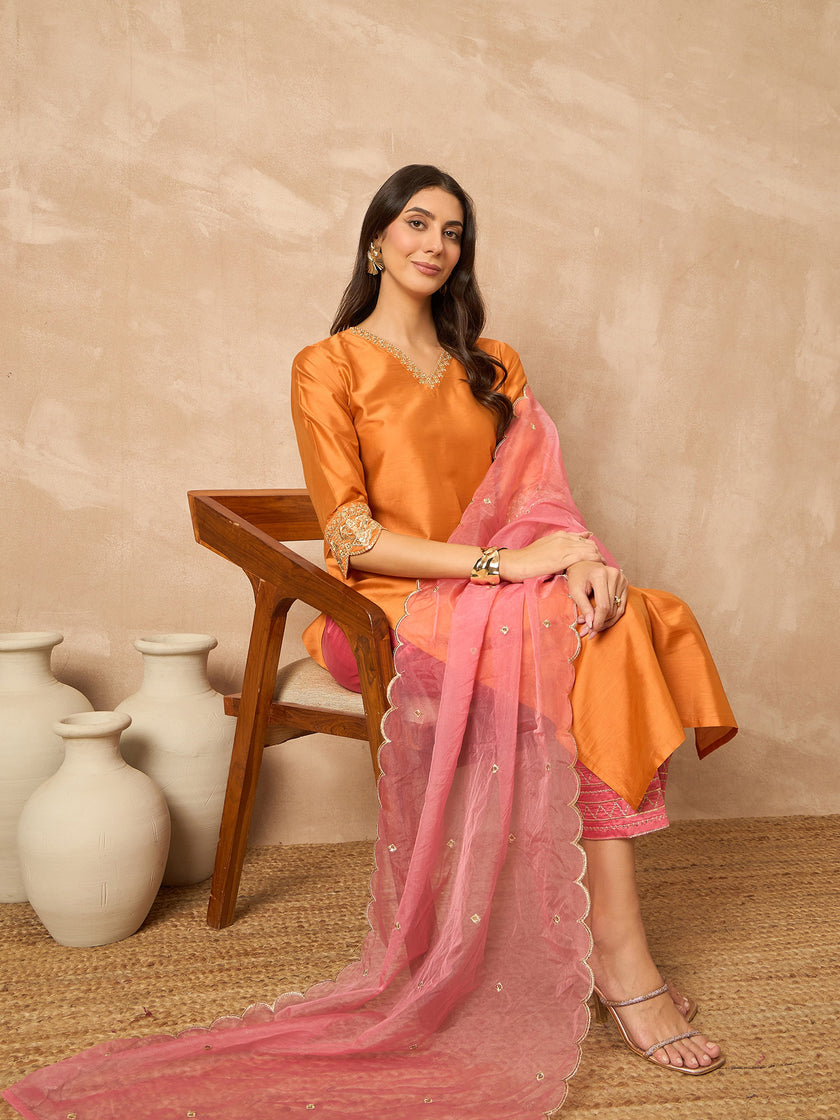 Orange  Silk Blend Solid A-Line Kurta Trouser With Embroidered Dupatta