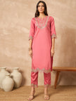 Pink Chanderi Silk Embroideried A-Line Kurta Trouser with Dupatta