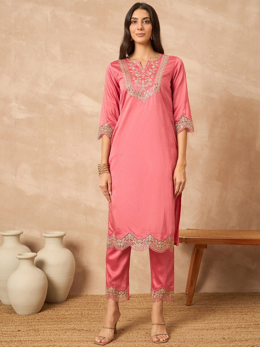 Pink Chanderi Silk Embroideried A-Line Kurta Trouser with Dupatta