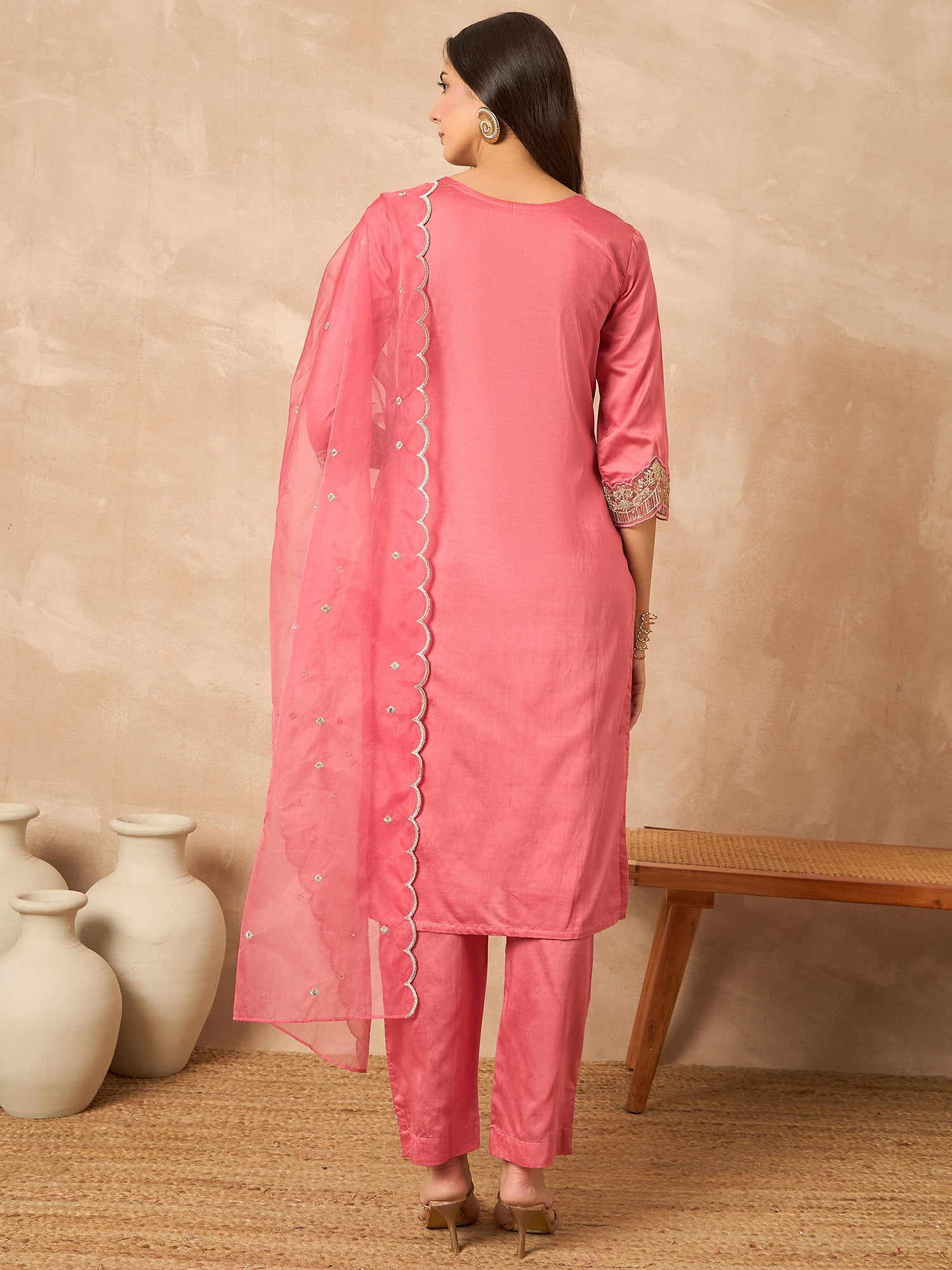 Pink Chanderi Silk Embroideried A-Line Kurta Trouser with Dupatta