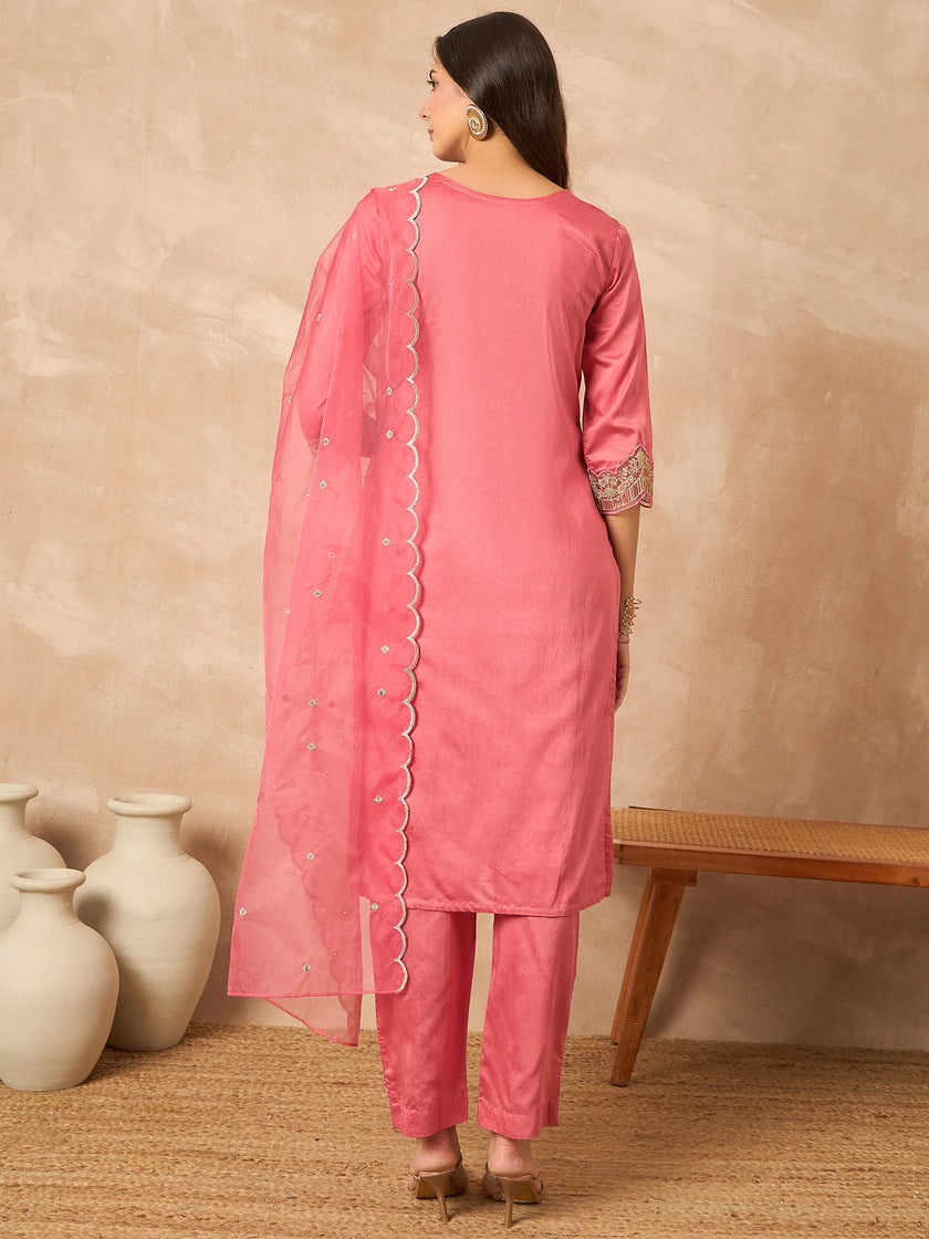 Pink Chanderi Silk Embroideried A-Line Kurta Trouser with Dupatta