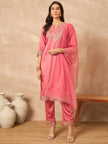 Pink Chanderi Silk Embroideried A-Line Kurta Trouser with Dupatta