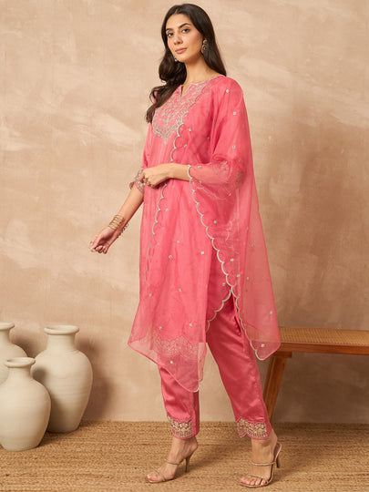 Pink Chanderi Silk Embroideried A-Line Kurta Trouser with Dupatta