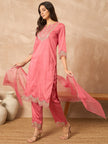 Pink Chanderi Silk Embroideried A-Line Kurta Trouser with Dupatta