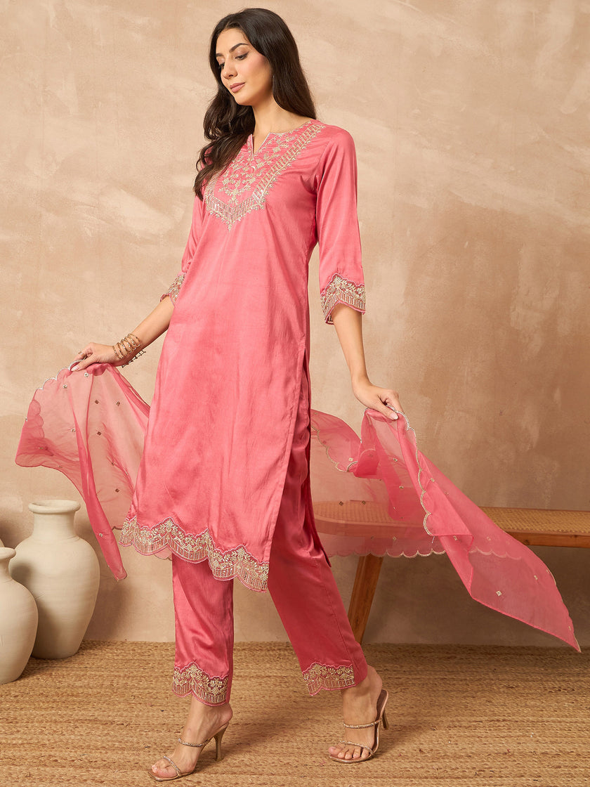 Pink Chanderi Silk Embroideried A-Line Kurta Trouser with Dupatta