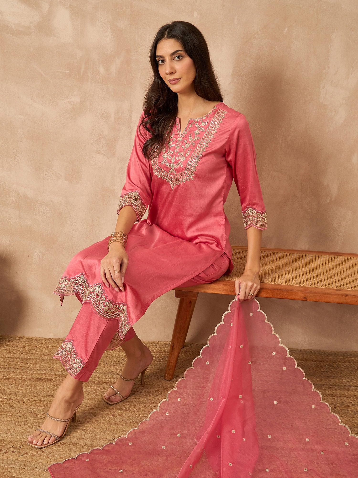 Pink Chanderi Silk Embroideried A-Line Kurta Trouser with Dupatta