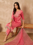 Pink Chanderi Silk Embroideried A-Line Kurta Trouser with Dupatta