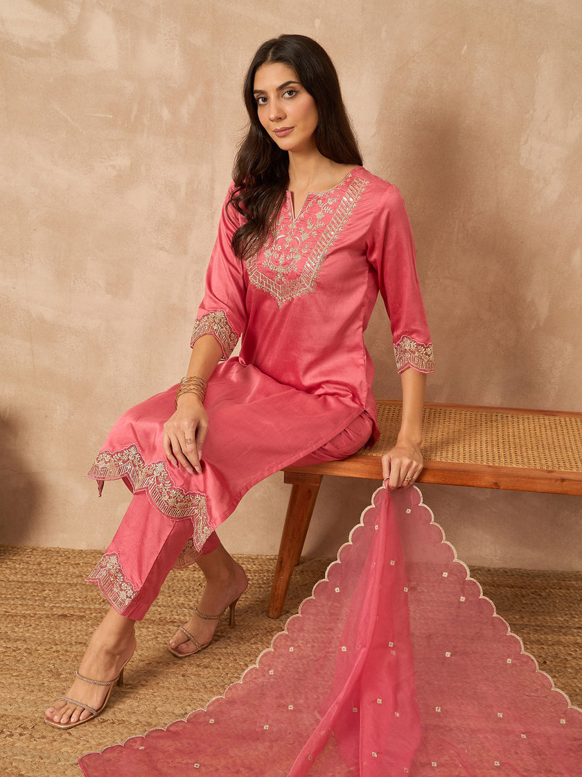 Pink Chanderi Silk Embroideried A-Line Kurta Trouser with Dupatta