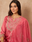 Pink Chanderi Silk Embroideried A-Line Kurta Trouser with Dupatta