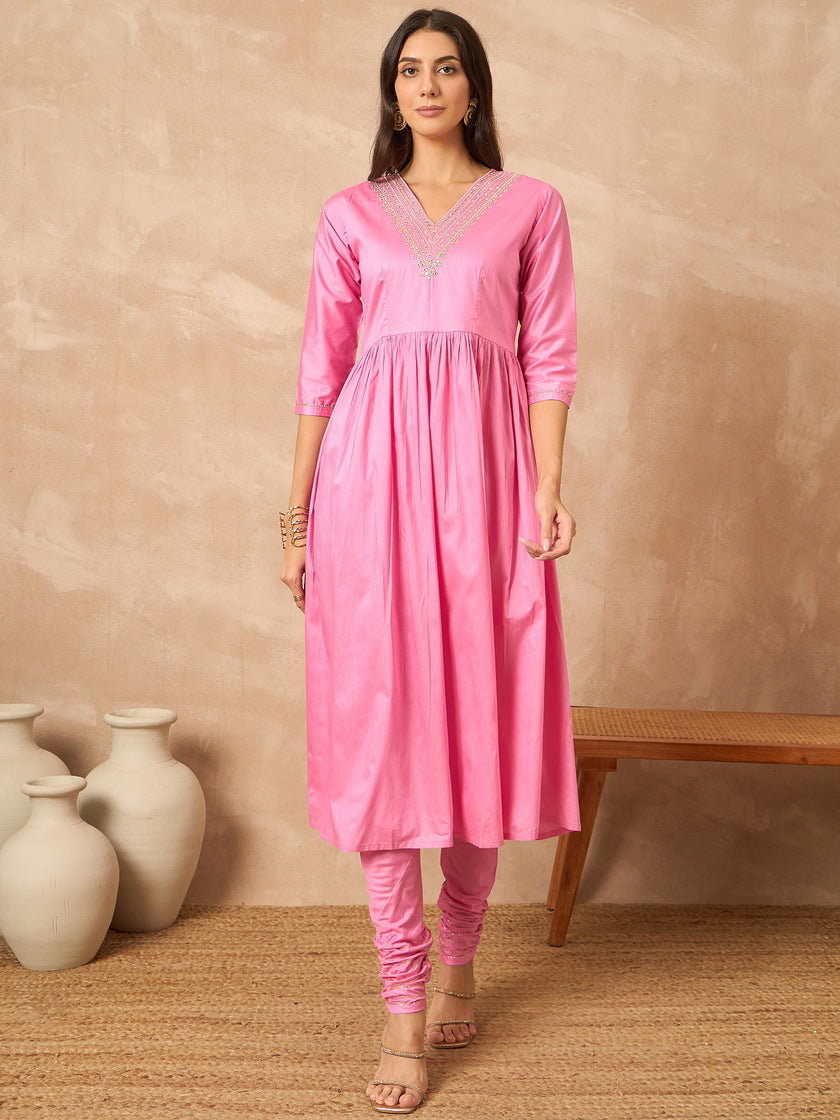 Pink  Silk Blend Solid A-Line Kurta Trouser With Dupatta