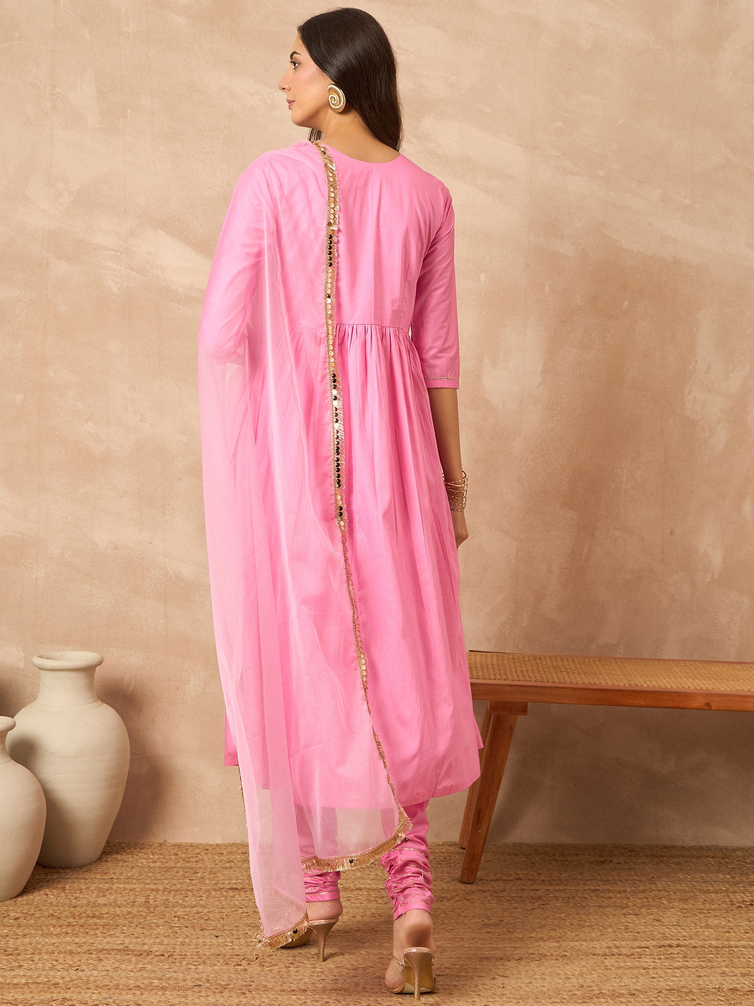 Pink  Silk Blend Solid A-Line Kurta Trouser With Dupatta