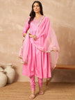 Pink  Silk Blend Solid A-Line Kurta Trouser With Dupatta