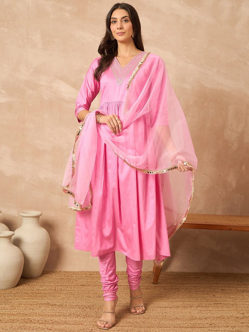 Pink  Silk Blend Solid A-Line Kurta Trouser With Dupatta