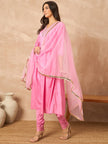 Pink  Silk Blend Solid A-Line Kurta Trouser With Dupatta