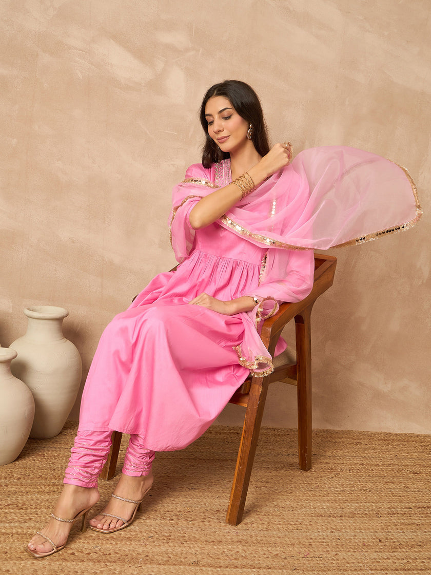 Pink  Silk Blend Solid A-Line Kurta Trouser With Dupatta