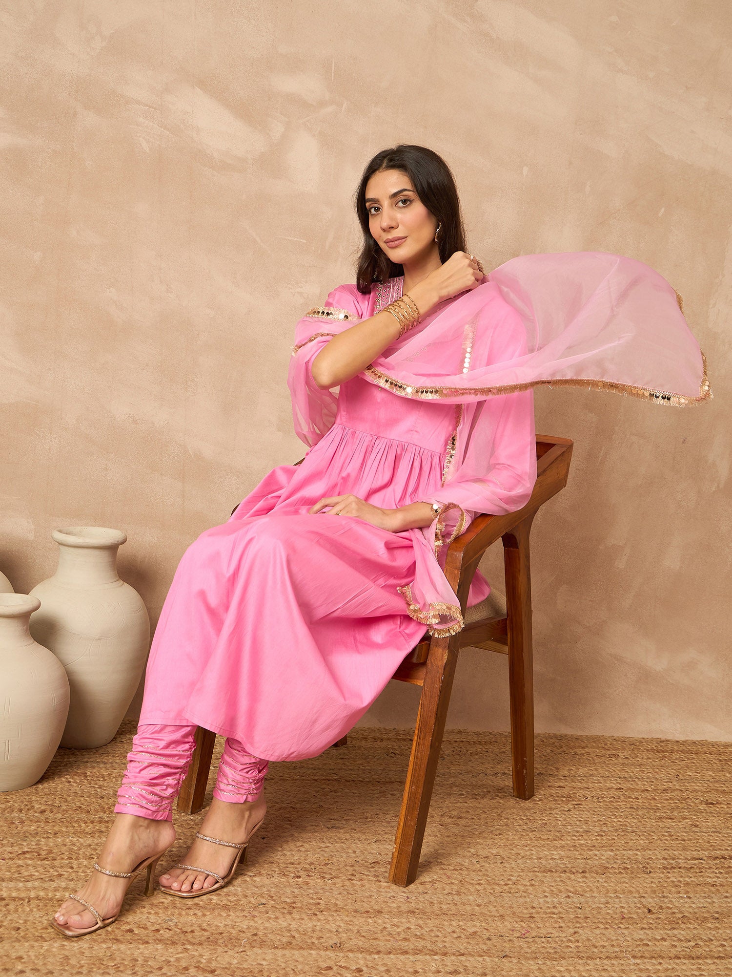 Pink  Silk Blend Solid A-Line Kurta Trouser With Dupatta