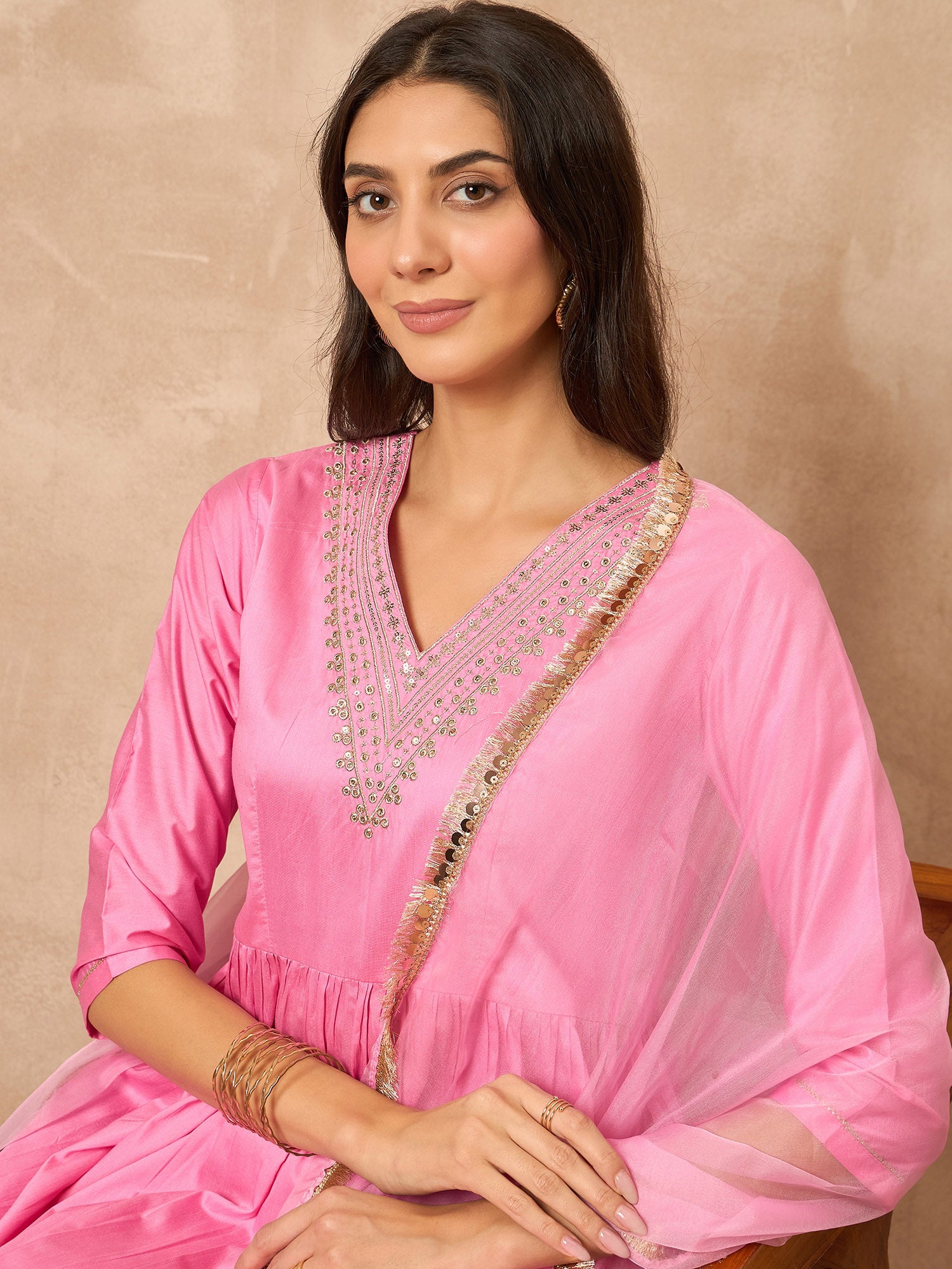 Pink  Silk Blend Solid A-Line Kurta Trouser With Dupatta
