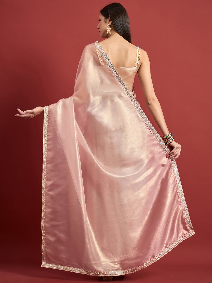 Pink  Organza Solid With Pure Gotta Embroidered Border Saree with Unstitched Fancy Blouse