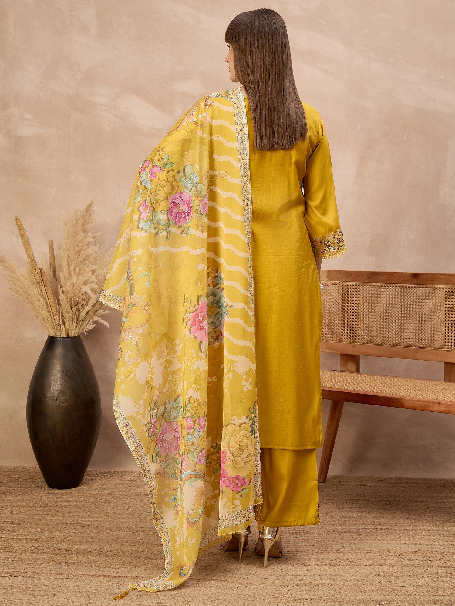 Gold Pure Cotton Beads & Stone Embroidered A-Line Kurta Trouser With Printed Dupatta
