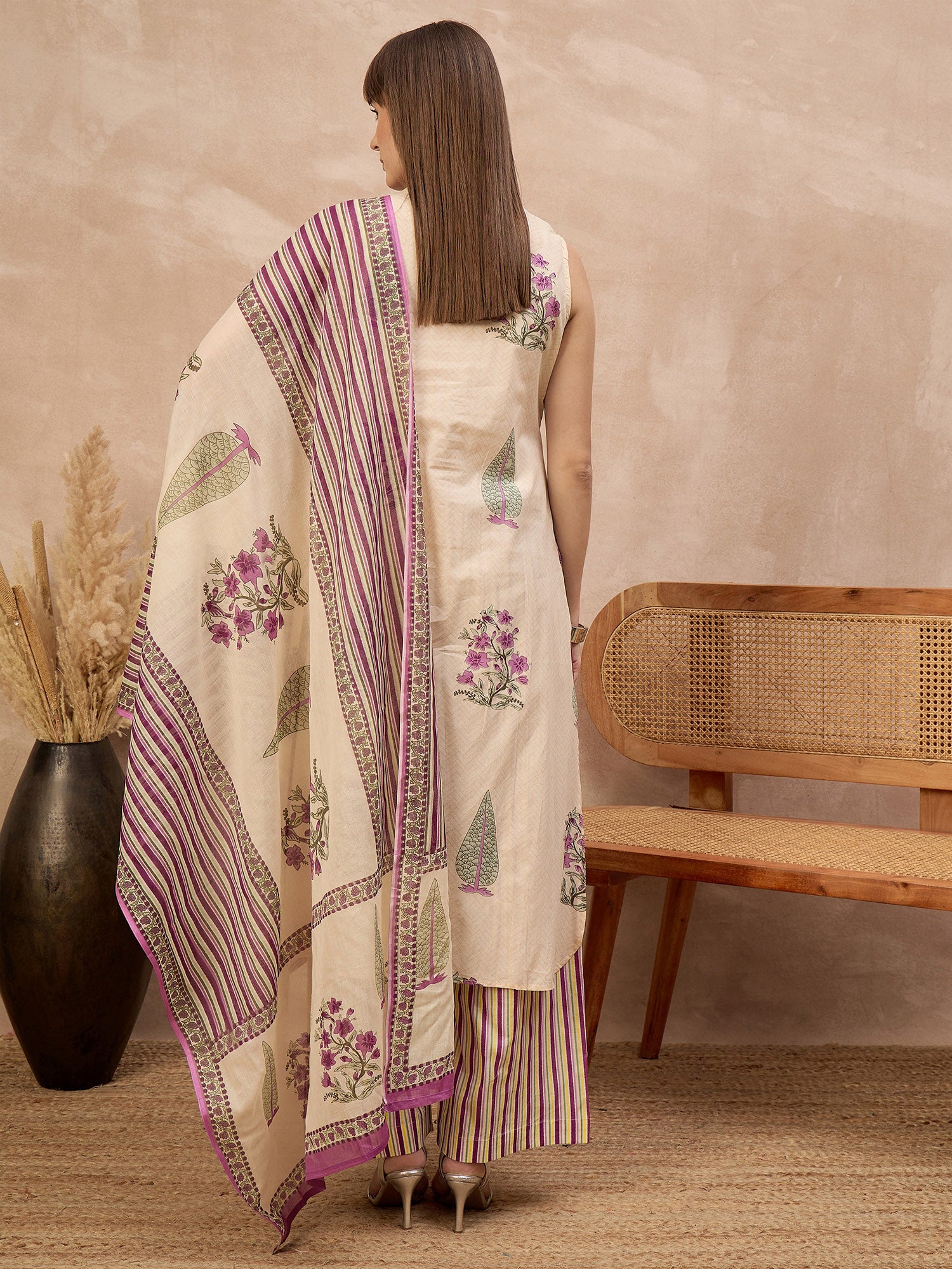 Multi Pure Cotton Floral Printed A-Line Sleeveless Kurta Trouser With Printed Dupatta