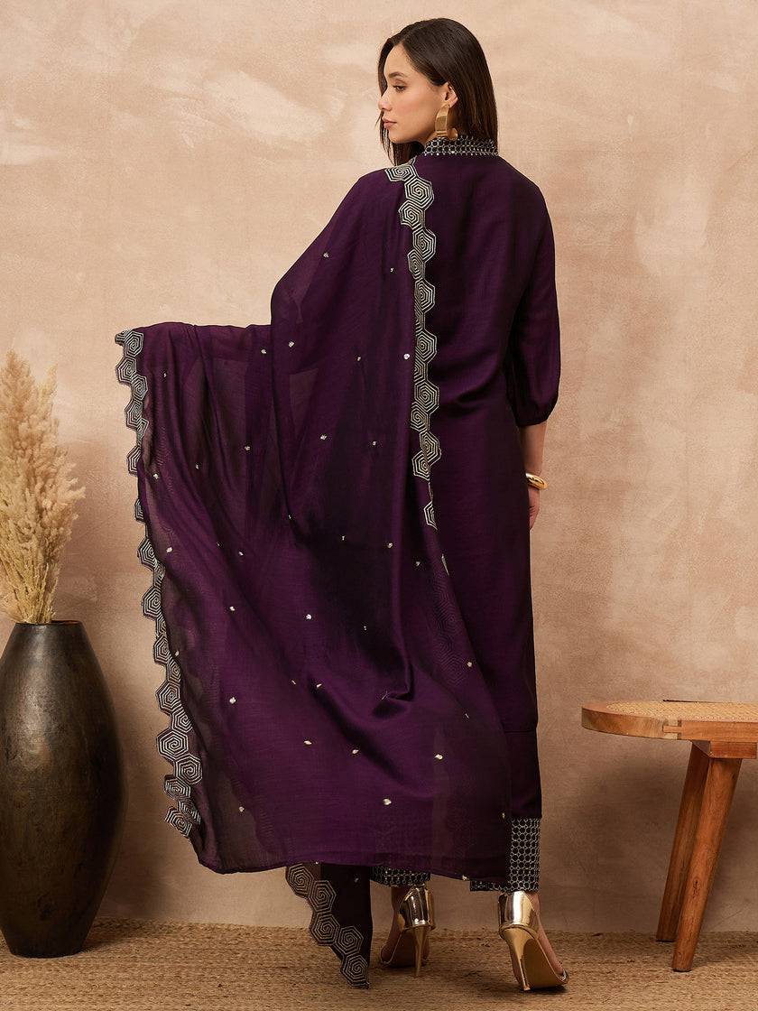 Purple Silk Blend Solid A-Line Kurta Trouser with Dupatta