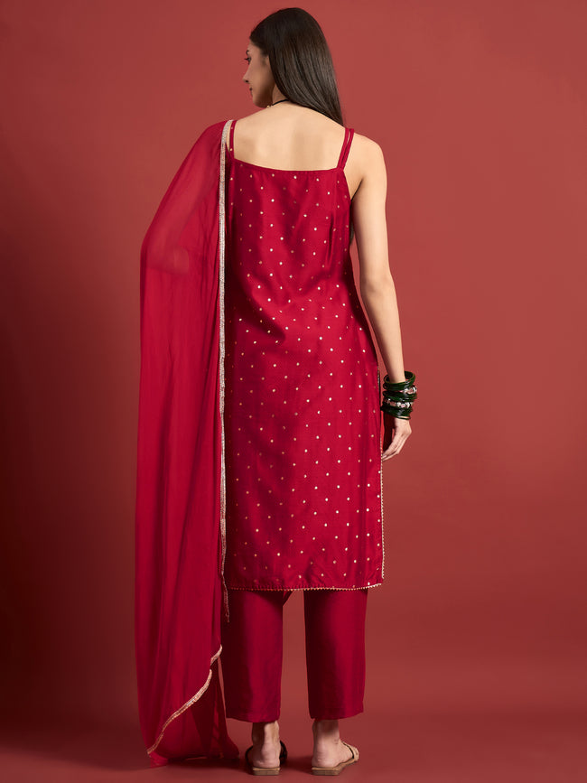 Red  Silk Blend Printed A-Line Kurta  Trouser