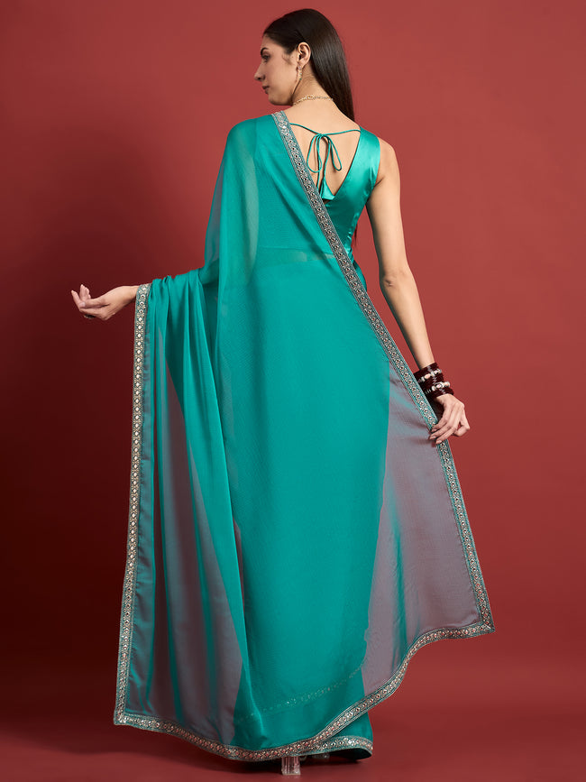 Turquoise Blue Pure Chiffon Solid With Embroidered Lace Saree with Unstitched Fancy Blouse