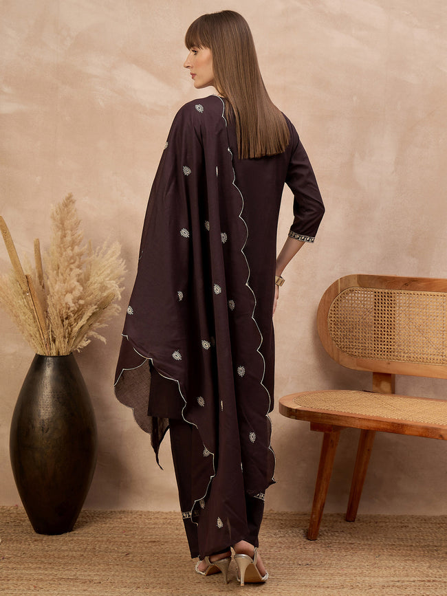 Brown Pure Cotton Embroidered A-Line Kurta Trouser With Embroidered Dupatta