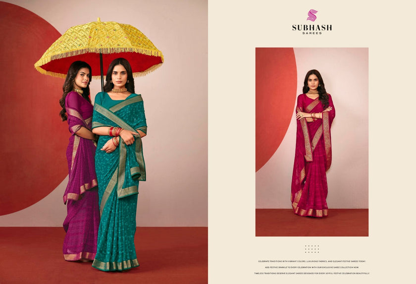 Riviera-29 : Printed Gerorgette with Gold jari Border Saree with Designer Printed Blouse
