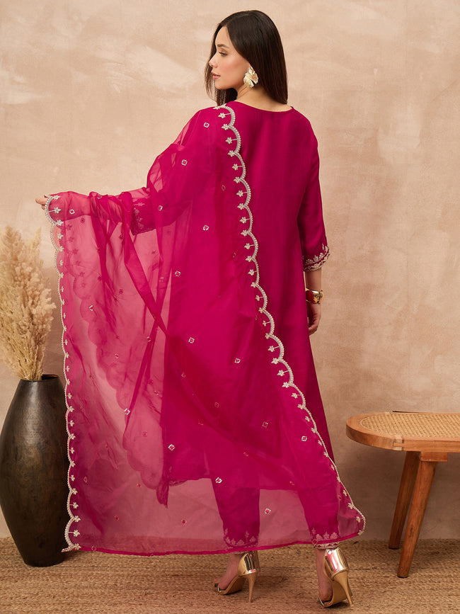 Rose Silk Blend Solid A-Line Kurta Trouser with Dupatta