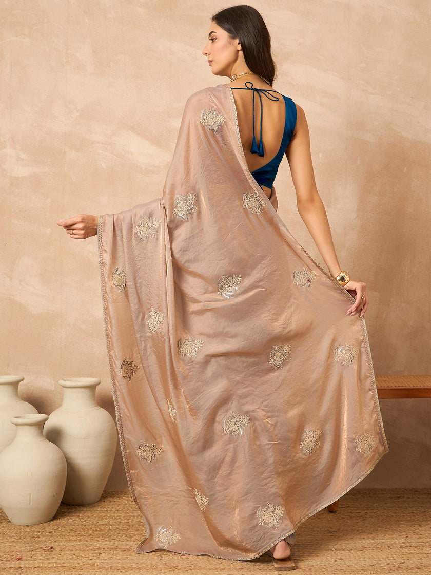 Beige Satin Solid with Coding Border Saree with Unstitched Blouse