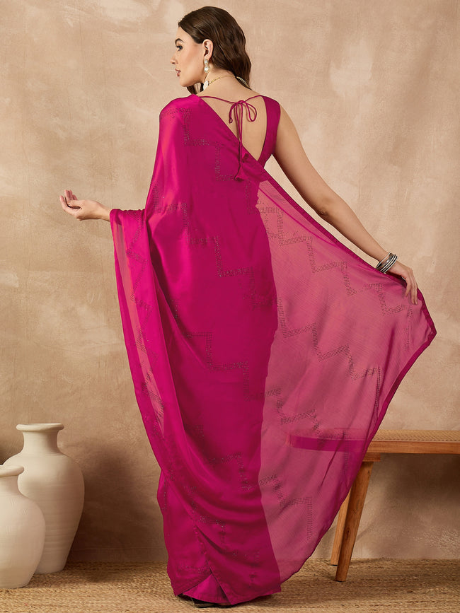 Red Satin Solid With Stone Work Border Saree with Unstitched Fancy Blouse