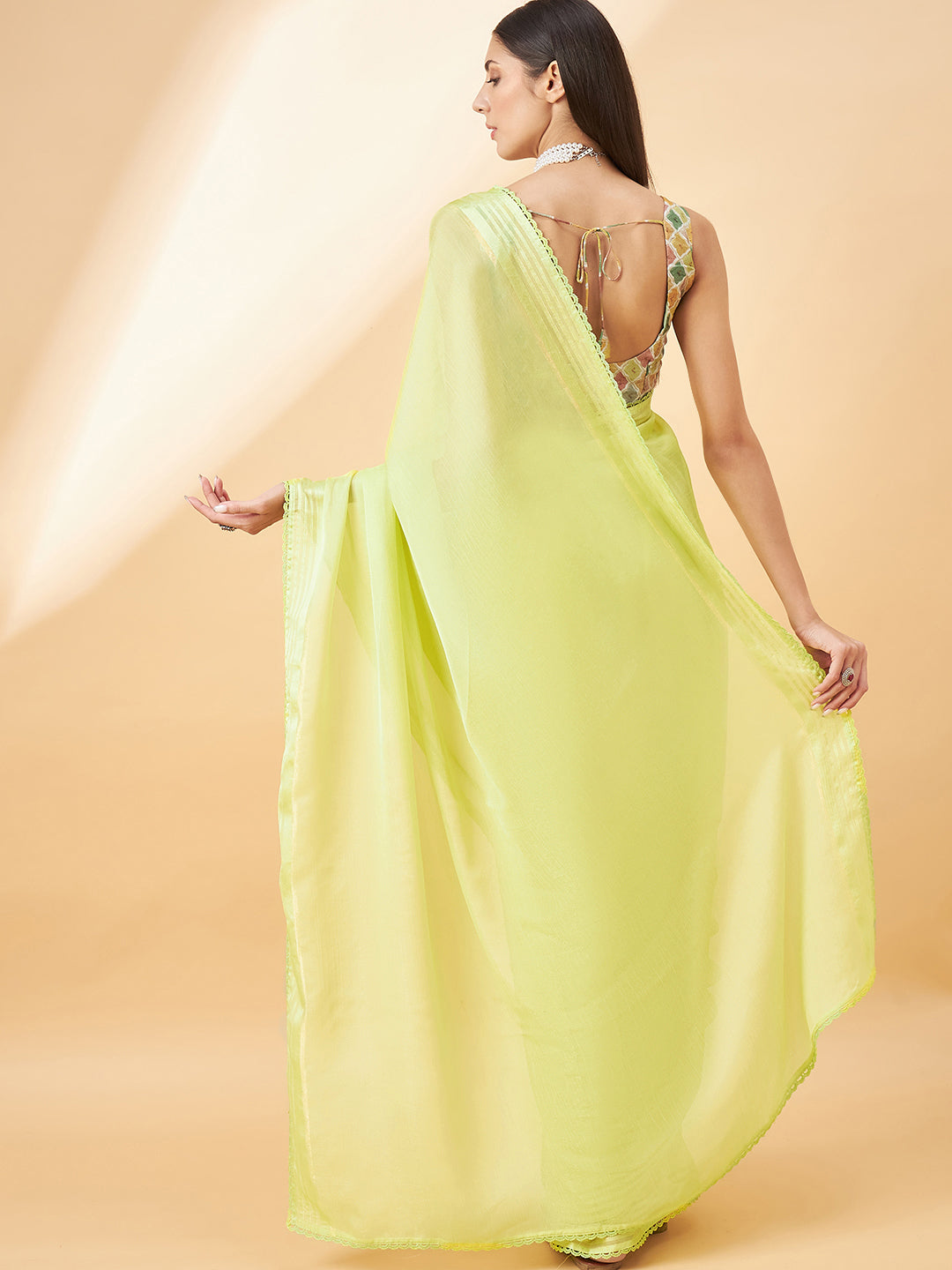 Lime Green Pure Chiffon Solid with Embllished Border Saree with Unstitched Fancy Blouse