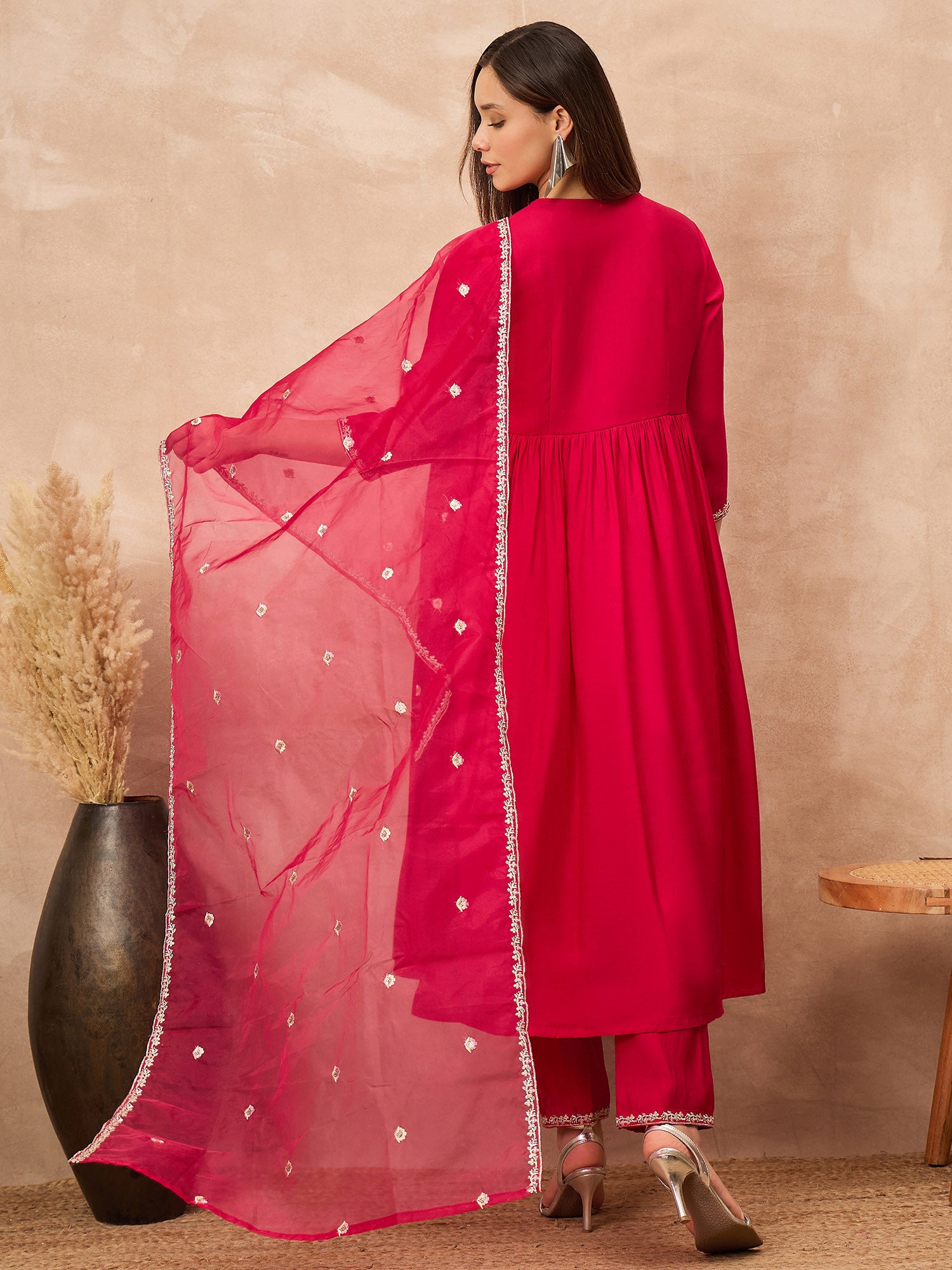 Pink Silk Blend Solid A-Line Kurta Trouser with Dupatta