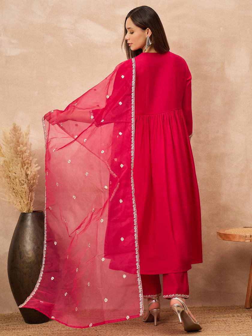 Pink Silk Blend Solid A-Line Kurta Trouser with Dupatta