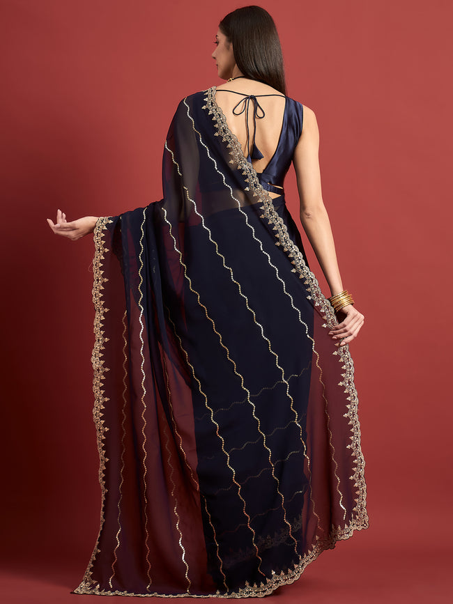 Blue Georgette Embroidery With Embroidered Lace Saree with Unstitched Fancy Blouse