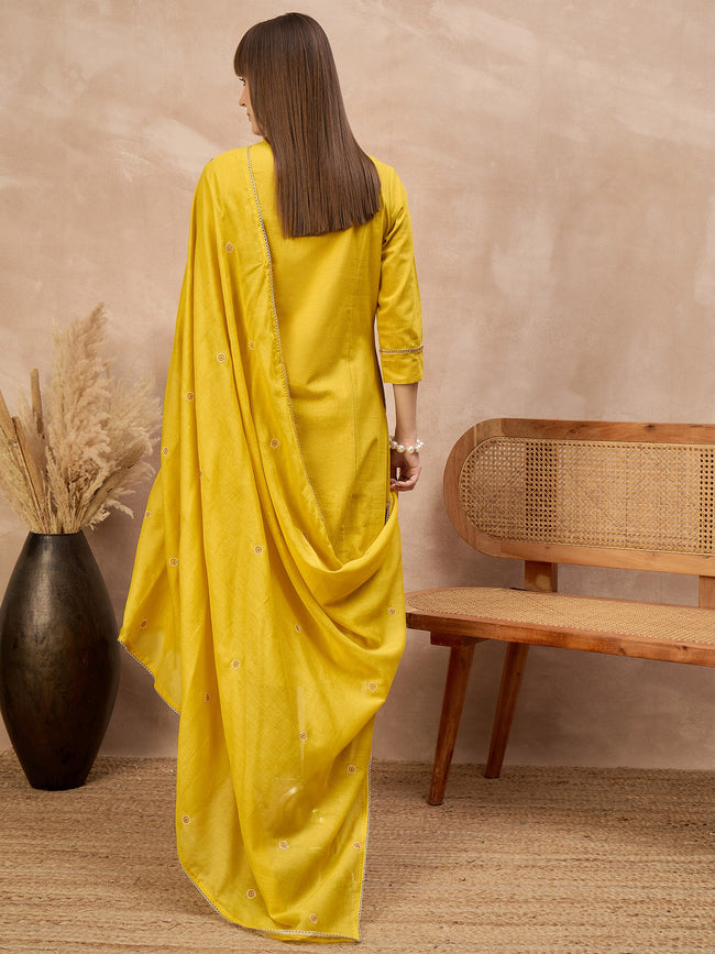 Yellow Pure Cotton Floral Embroidered With Buttons A-Line Kurta Trouser With Dupatta