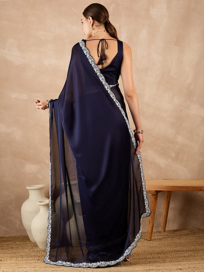 Blue Satin Solid With White Thread Embroidered Border Saree with Unstitched Fancy Blouse