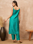 Teal Silk Blend Printed A-Line Kurta Trouser